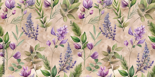 Watercolor floral pattern featuring purple blooms and green foliage.