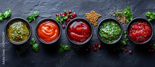 Five sauces in bowls with herbs and spices on a dark stone. Featured in cooking blogs, sauce recipes, and restaurant advertisements.