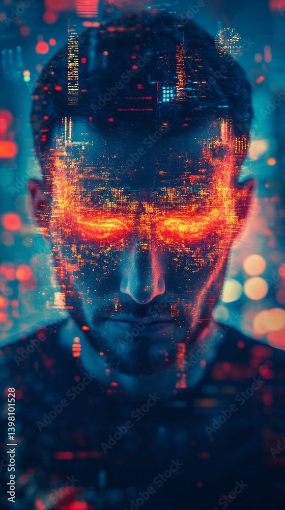 Abstract digital background with human face covered with pixel effects, bright red and blue shades. Suitable for backgrounds in technological presentations, science fiction covers.