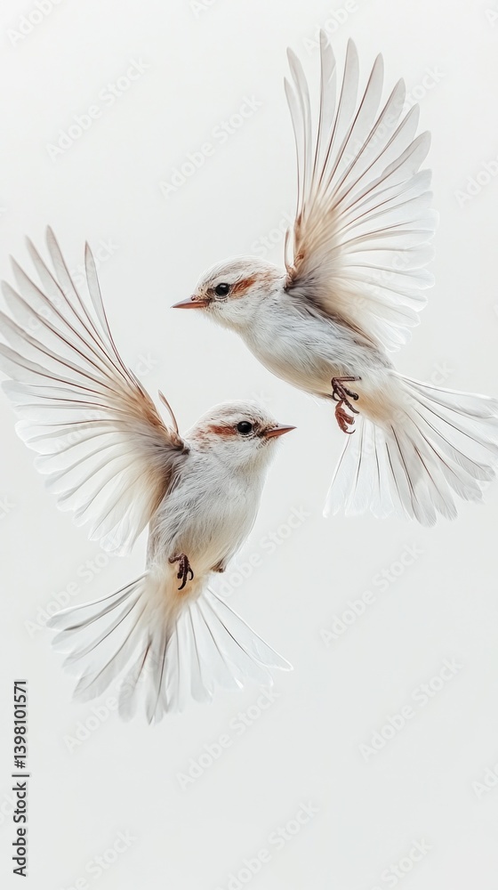 Two white birds in flight on a white background, wings spread, details of feathers are clearly visible. Suitable for design of greeting cards, covers, posters.