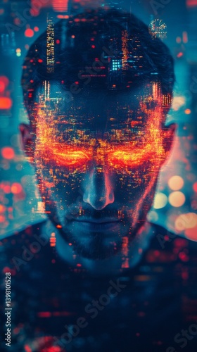 Obraz na płótnie Abstract digital background with human face covered with pixel effects, bright red and blue shades. Suitable for backgrounds in technological presentations, science fiction covers. w salonie
