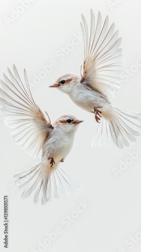 Two white birds in flight on a white background, wings spread, details of feathers are clearly visible. Suitable for design of greeting cards, covers, posters.