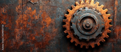 Obraz na płótnie Rusty metal gear mechanism on the background of cracked wall. Background for industrial or technological design. w salonie