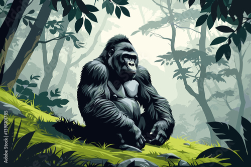Mountain gorilla sitting peacefully in the jungle surrounded by lush greenery