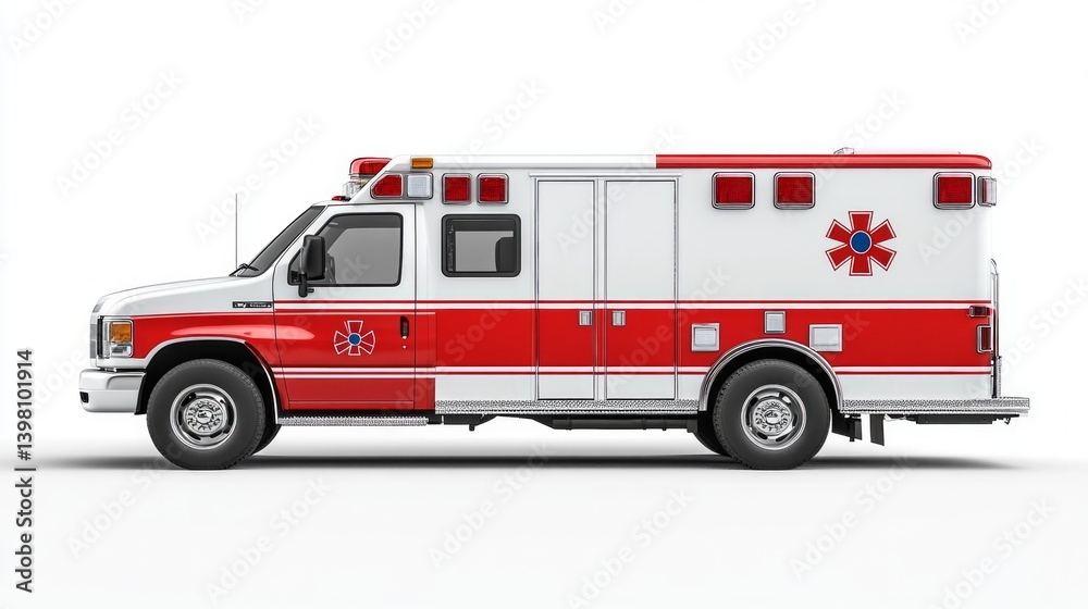 Side projection of ambulance with signal lights on. Suitable for news about medicine, emergency services, health care.