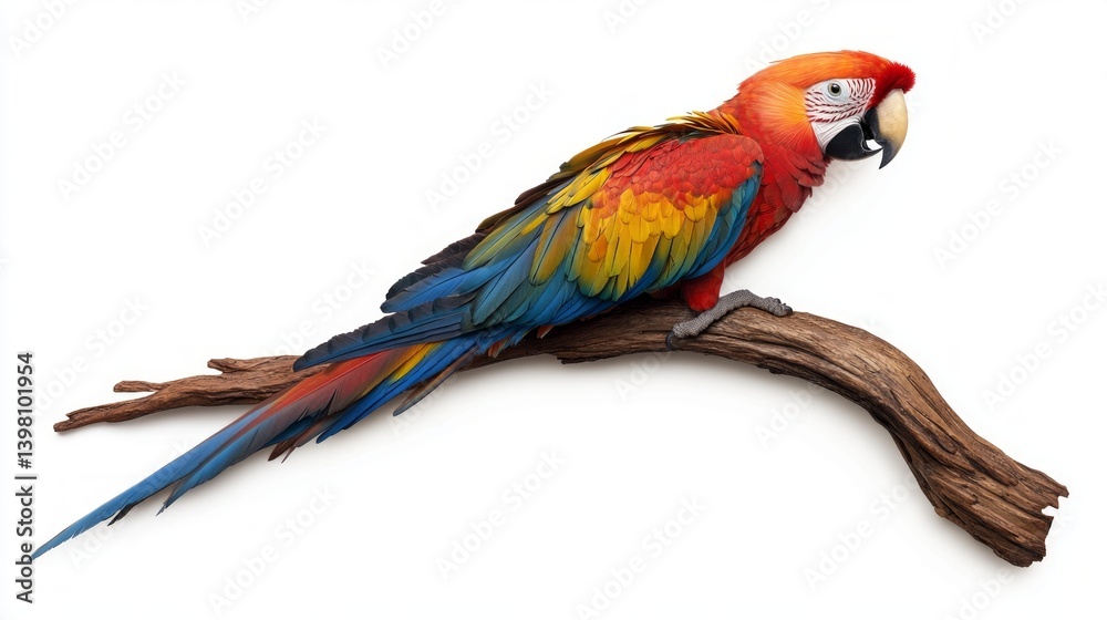 Fototapeta premium Parrot with brightly colored plumage on a branch, a great choice for illustrations and covers related to exotic nature.