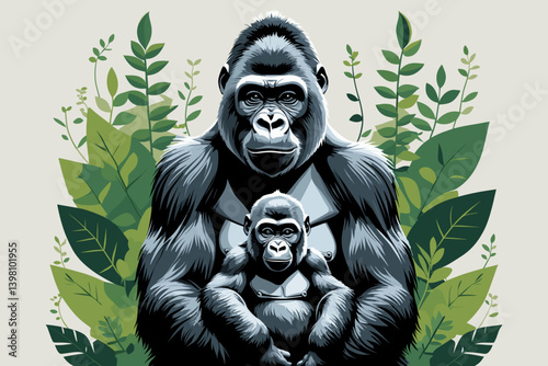 Gorilla mother holding her baby tenderly in a lush forest setting