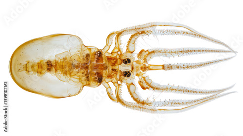 Transparent squid specimen in underwater lab macro photography from a unique viewpoint