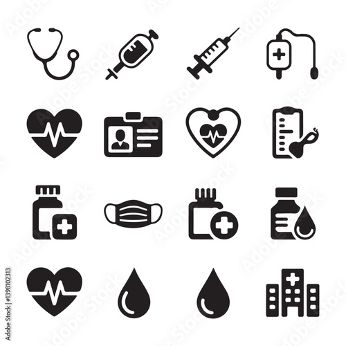 Icon Set for Medical and Health Services - Healthcare, Hospital, Syringe, and Pills.