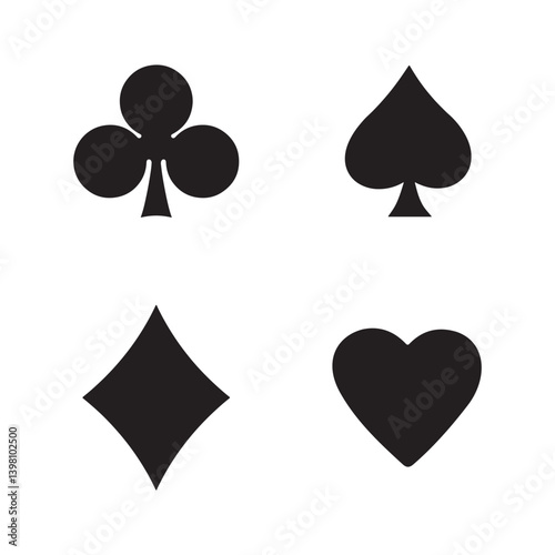 Vector illustration of playing card suits icons , spade, club, heart, diamond, black silhouettes