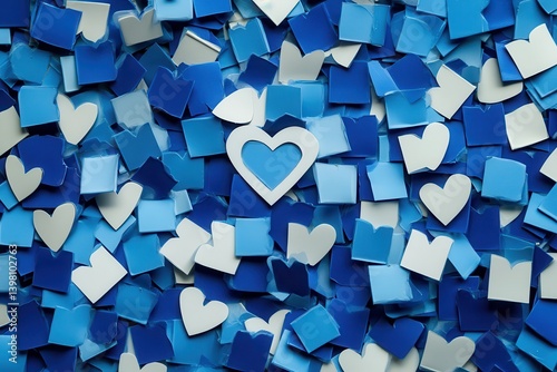 Abstract blue and white shapes, hearts and squares