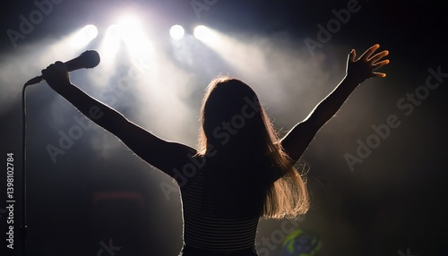 Obraz na płótnie Silhouette of a singer holding a microphone and reaching towards the stage w salonie