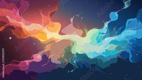 Create a visually arresting abstract background with three complementary colors, emphasizing organic, flowing shapes that suggest a celestial nebula