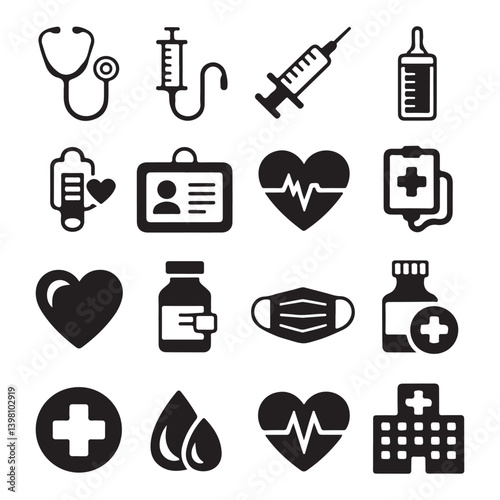 Medical Healthcare Icons Collection - Stethoscope, Syringe, Blood Pressure, Medicine Bottles.