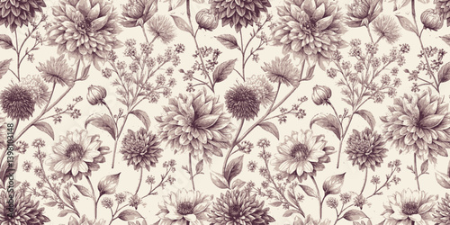 Vintage floral pattern featuring intricate botanical illustrations in sepia tones.