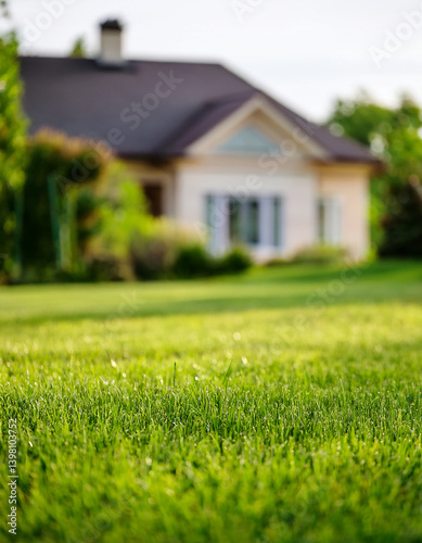 Wallpaper Mural Fresh green grass, lawn with blurred house in background. Backyard landscaping. Torontodigital.ca