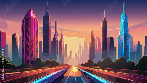 Imagine a futuristic cityscape at sunset; design an abstract background in three colors capturing this scene's ethereal and slightly melancholic mood