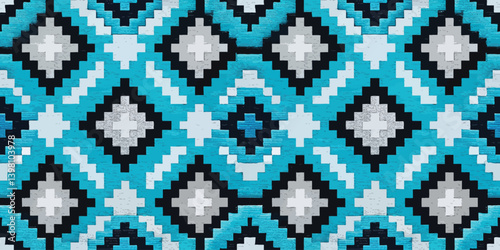 Intricate geometric textile pattern in vibrant turquoise and black tones.