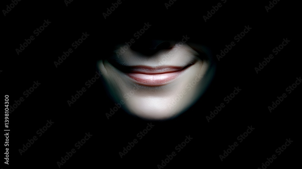 Fototapeta premium Smiling depression mental health reflection A shadowy face with an enigmatic smile, creating an unsettling atmosphere.