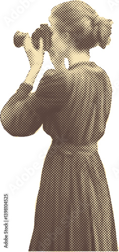 Retro Woman Silhouette in Halftone Engraving Style with Vintage Binoculars evokes timeless Nostalgia in Stock Collage Aesthetics.