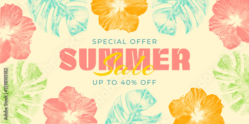 Summer sale banner with tropical hibiscus flowers and monstera leaves in colorful photocopy effect. Vintage retro promo design with bold typography and special offer. Perfect for seasonal promotions.
