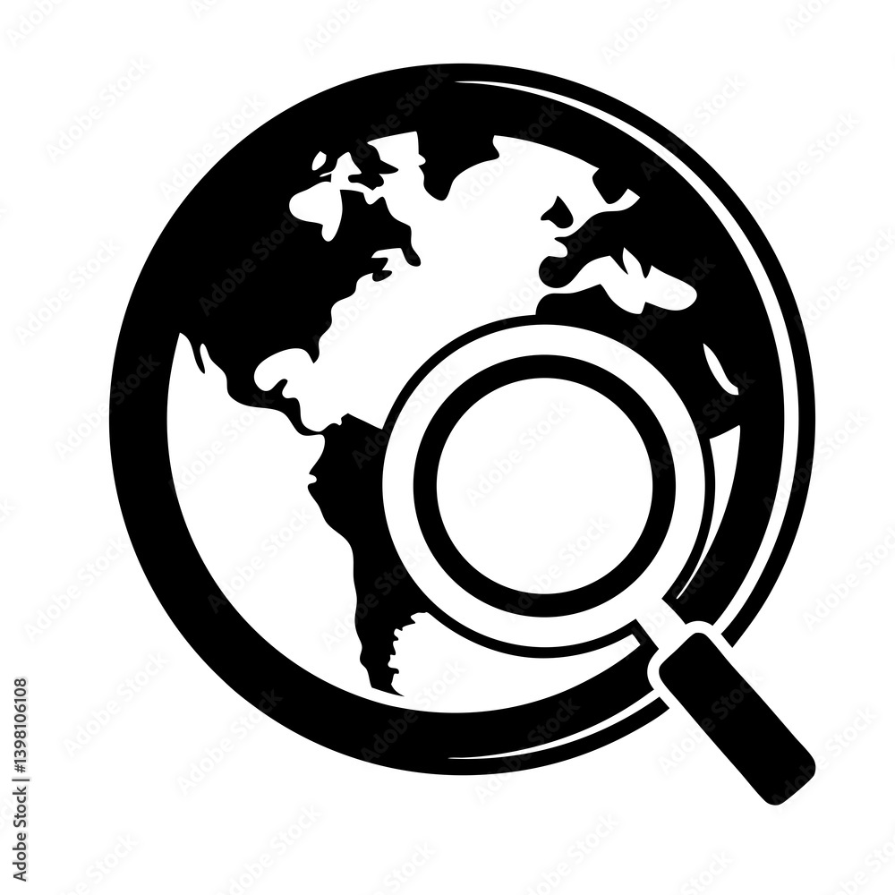 Globe With Magnifying Glass For Search Or Exploration Concept Vector Icon Globe With Magnifying Glass For Search Or Exploration Concept Vector Icon