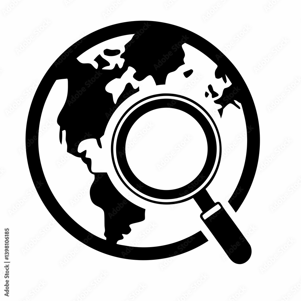 Global Search Concept With Magnifying Glass And Globe Illustration In Black And White Global Search Concept With Magnifying Glass And Globe Illustration In Black And White