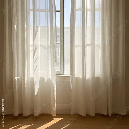 Digitally illustrated interior scene showing soft white linen curtains flowing with a gentle breeze in a bright, sunlit room. A serene and airy composition evoking calm and minimalist aesthetics.