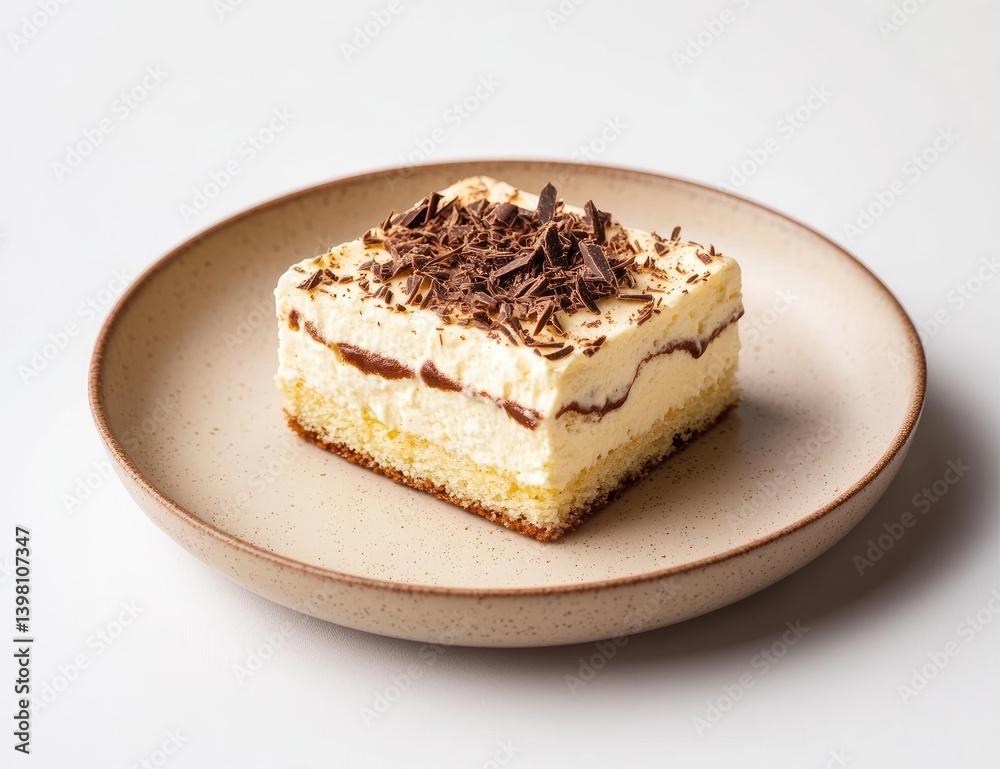 Creamy, layered dessert slice topped with chocolate shavings Creamy, layered dessert slice topped with chocolate shavings