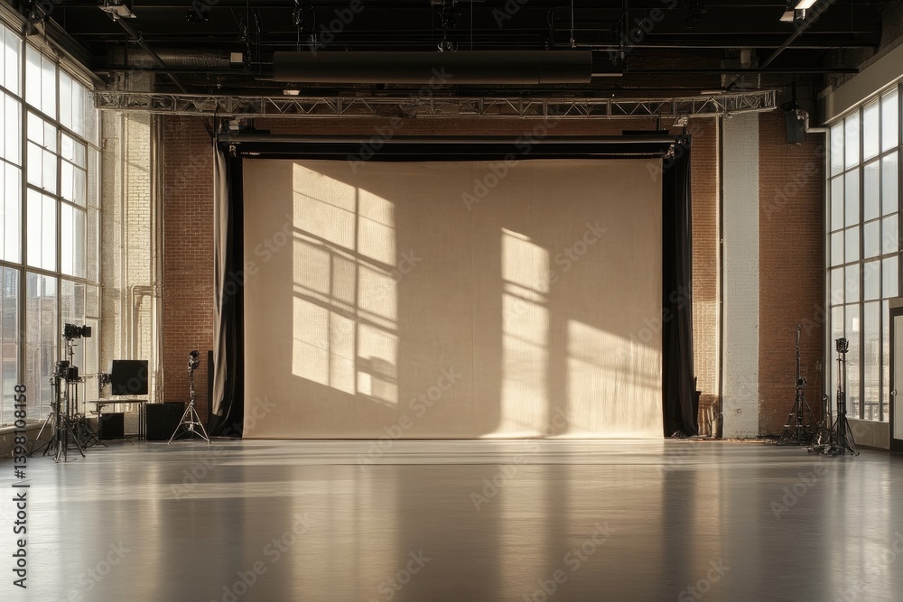 Fototapeta premium Empty photography studio with large windows. Sunlight casts shadows on backdrop