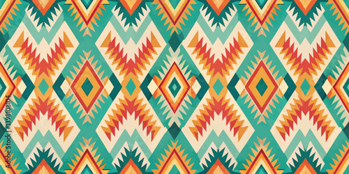 Vibrant geometric pattern featuring bold colors and sharp shapes.