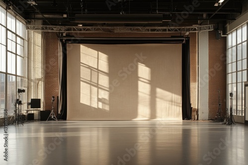 Empty photography studio with large windows. Sunlight casts shadows on backdrop