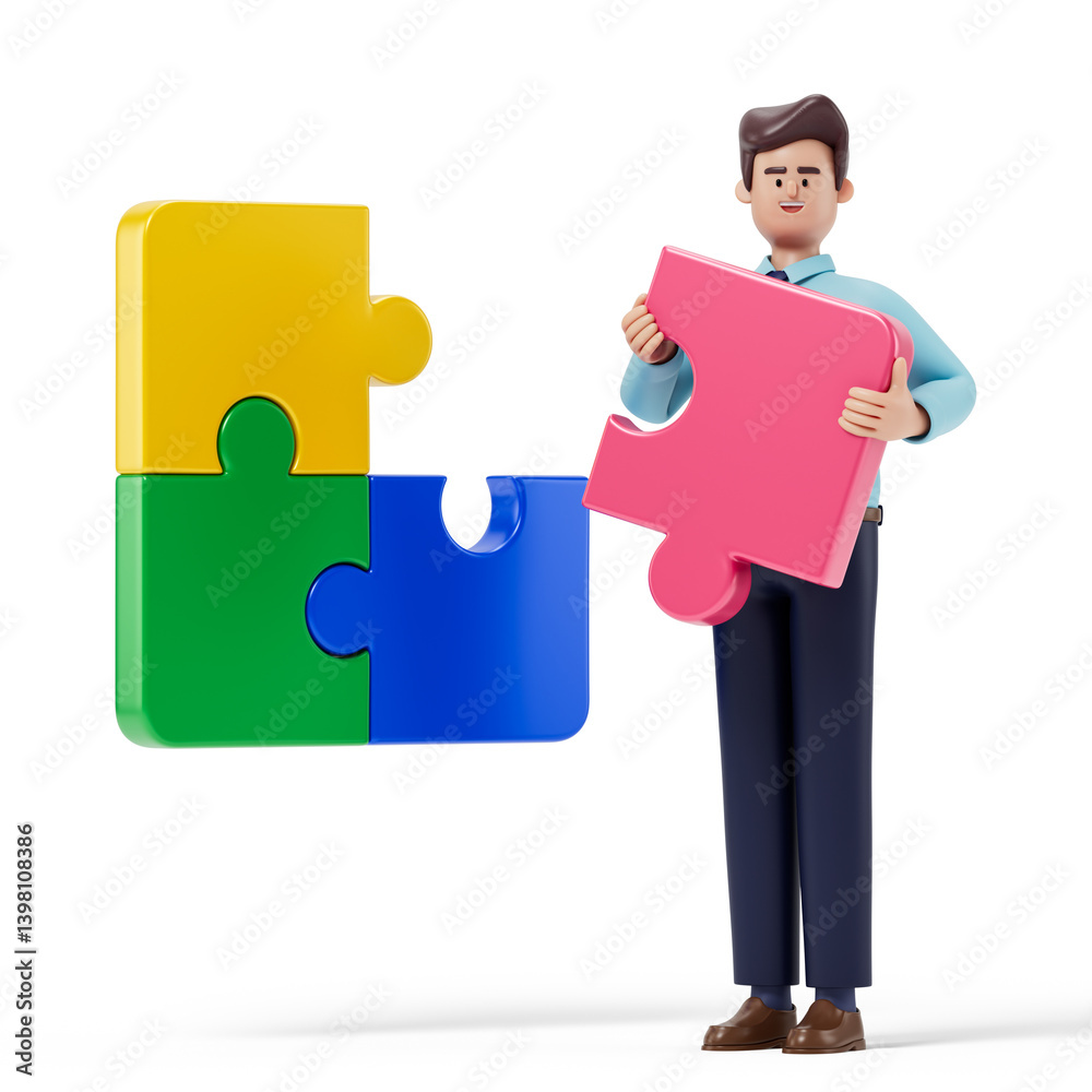 Obraz premium Man holding a puzzle piece, symbolizing problem-solving or teamwork. 3D rendering, conceptual image. Isolated on white background.