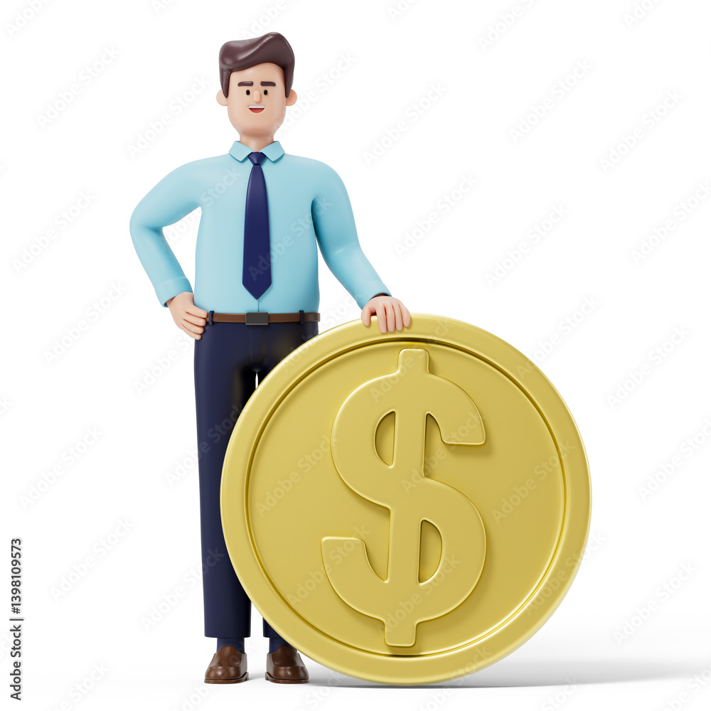 Man holding a large gold coin, symbolizing wealth or financial success. 3D rendering, conceptual image. Isolated on white background. Man holding a large gold coin, symbolizing wealth or financial success. 3D rendering, conceptual image. Isolated on white background.