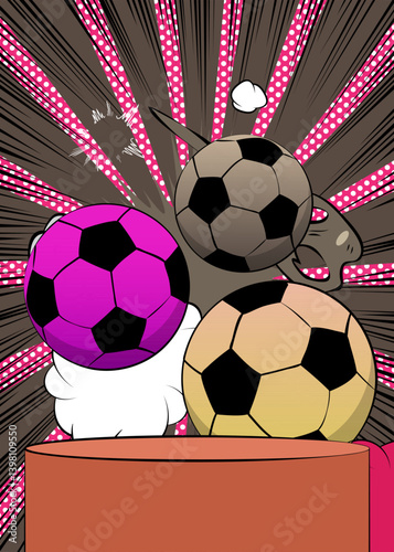 Comic Book Product podium stage for mockup presentation with Soccer Ball. Retro comics background.