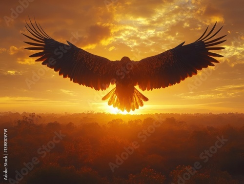 Majestic eagle soaring above golden sunrise