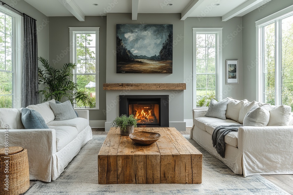 Fototapeta premium Modern farmhouse living room with abstract landscape paintings, soft gray walls, light blue accents, comfortable sofa chairs, oak coffee table, fireplace, plants, and natural sunlight.