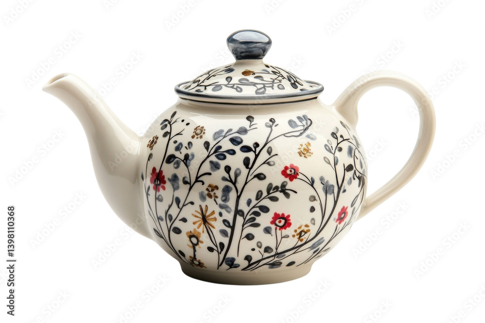 Obraz premium A charming floral teapot, perfect for a cozy afternoon tea, adorned with delicate hand-painted wildflowers and elegant grey stems on a creamy white background.