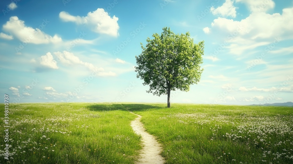 Lone Tree Standing in a Lush Meadow with Winding Pathway
