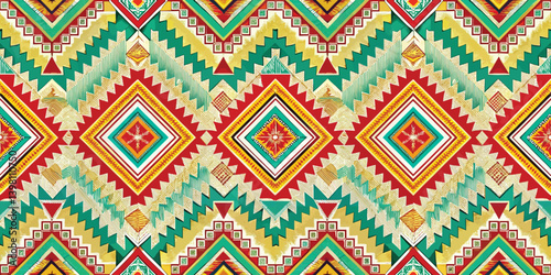 Vibrant geometric pattern featuring colorful diamond shapes and intricate designs.