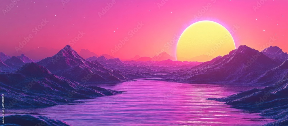 Fototapeta premium Pink sunset over mountains, river; fantasy landscape