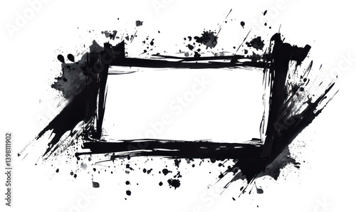 Grunge Ink Frame with Splatter and Brush Isolated on Transparent Background