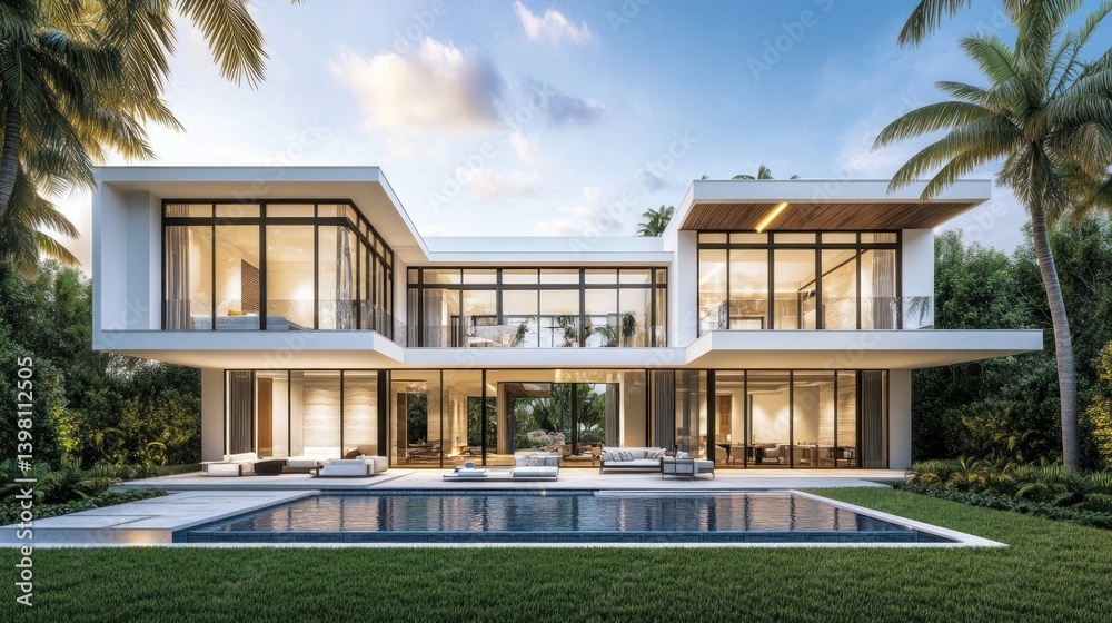Fototapeta premium Modern villa with pool, tropical setting, evening view