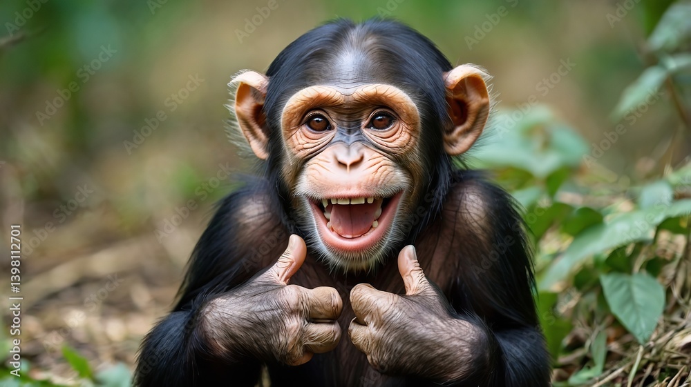 Happy laughing funny Chimpanzee portrait with hand fingers making different shapes. Happy laughing funny Chimpanzee portrait with hand fingers making different shapes.