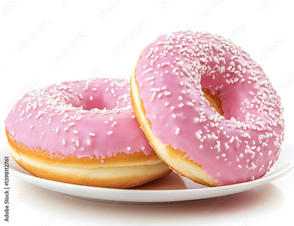 Two pink donuts with white sprinkles on a white plate isolated. Two pink donuts with white sprinkles on a white plate isolated.