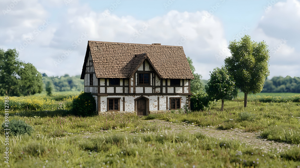 Pixelated Medieval House In Rural Landscape Pixelated Medieval House In Rural Landscape