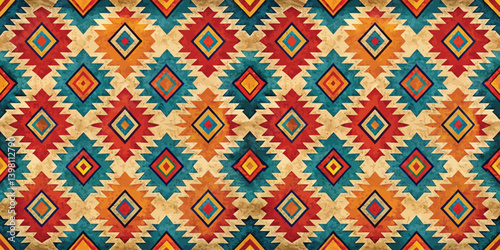 Vibrant geometric patterns in earthy tones create a striking visual tapestry.