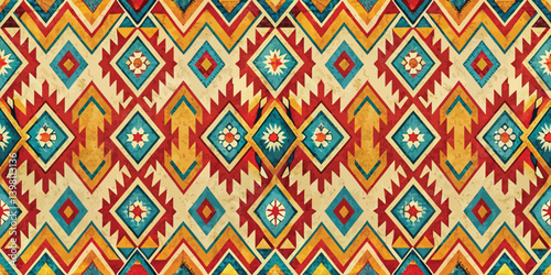 Vibrant geometric pattern featuring rich red, teal, and gold hues.