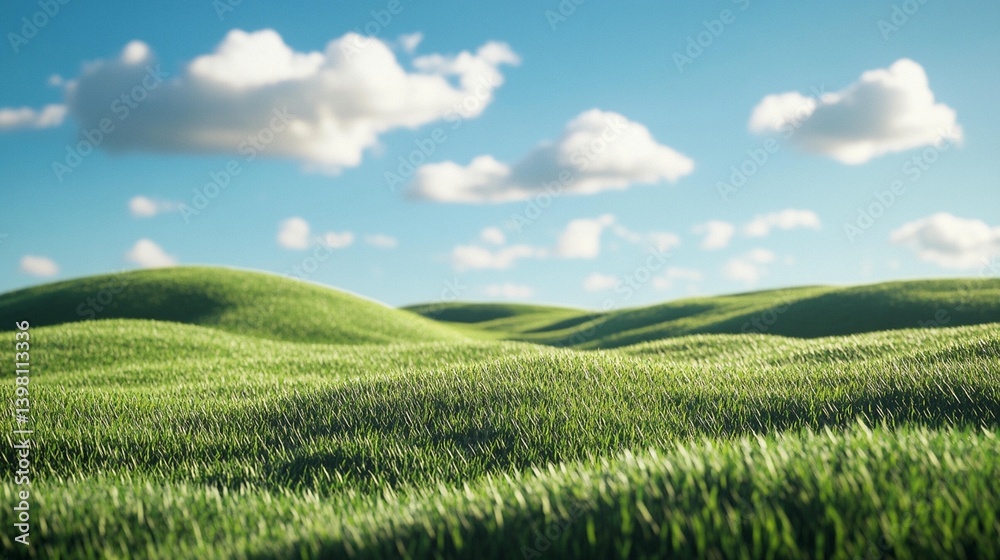 Naklejka premium Rolling green hills under a bright blue sky with fluffy white clouds.