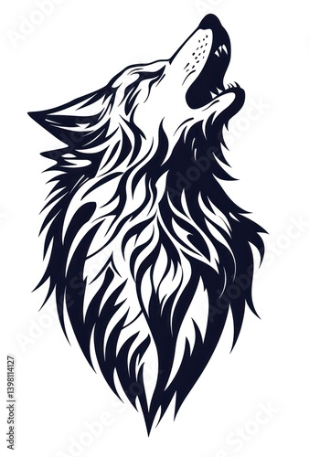 Howling wolf, tribal art style, white background, tattoo design